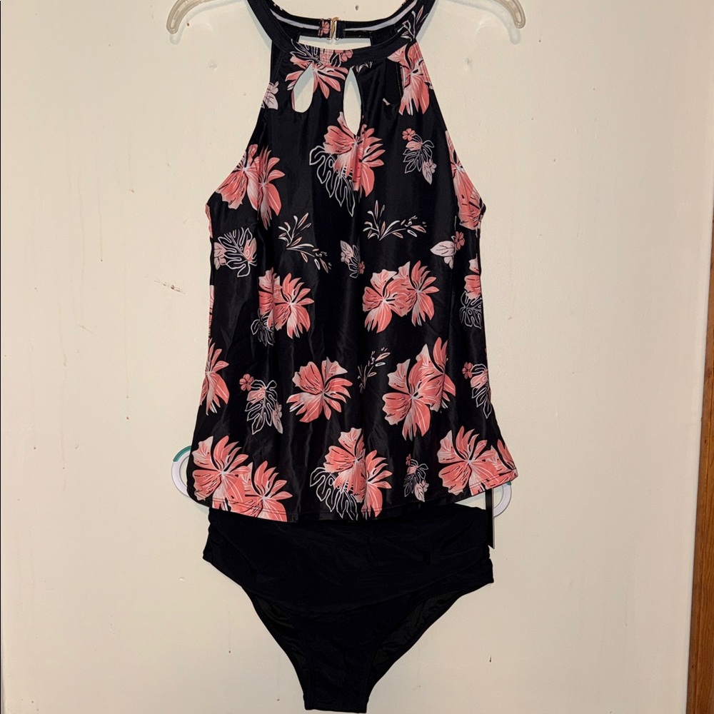 High-Neck Black Tankini with Pink Floral Print